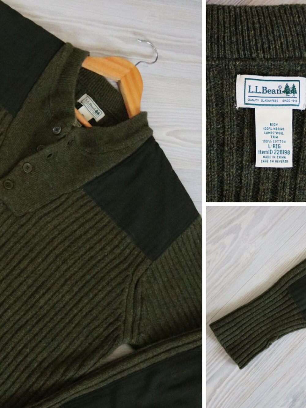 LL Bean Commando Sweater Men's L Green Heavy Merino Lambs Wool Henley Outdoors